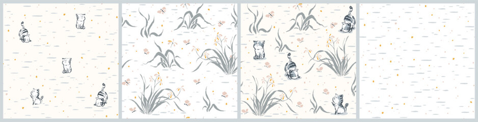 Seamless cat and flower patterns