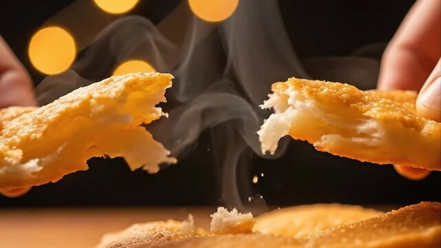 Close up view of crispy fried food being broken apart showing texture and steam