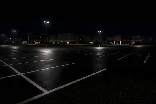 Empty parking lot at night with dramatic lighting and reflections