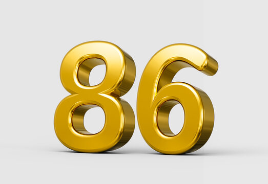 Golden metallic 3D number 86 with radiant glossy reflective brilliance. 3d illustration