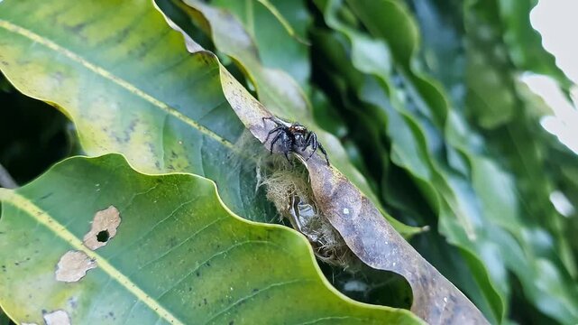 Closeup of Fearless Black Jumping Spider Defending Its Nest on Vibrant Green Leaf
