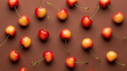 Cherry Cascade Sweet Rainier Cherries on Rich Brown Background.