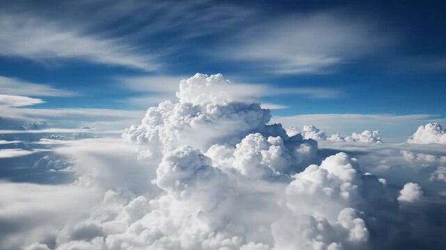 Vast blue sky with towering cumulus clouds and a fluffy cloud deck from an aerial perspective