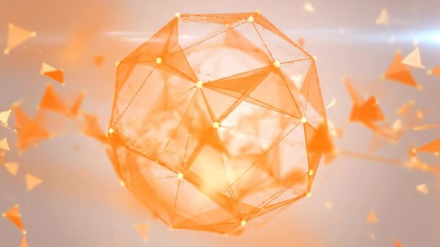 Abstract futuristic orange wireframe structure of a complex geometric object with floating triangles and lens flares on a light background