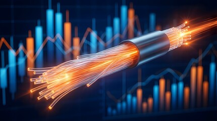 Fiber optic cable with glowing orange wires against financial charts background