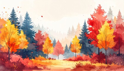 Fall Season Watercolor Forest with Red and Yellow Leaves