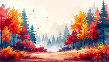 Fall Season Watercolor Forest with Red and Yellow Leaves