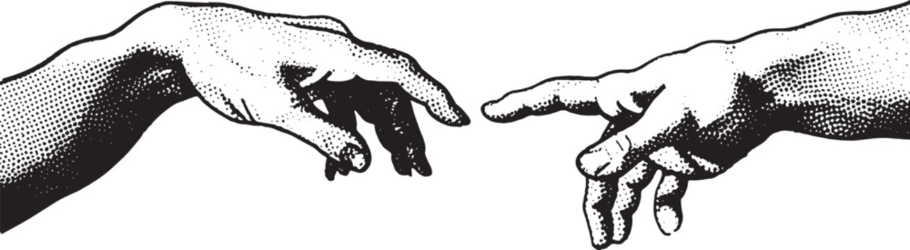 The Creation of Adam Hands Reaching Out Vector Illustration in Monochrome Flat Design
