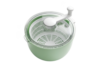 Mint green salad spinner with clear lid and white handle isolated on transparent background