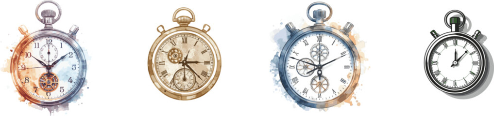 Watercolor set mechanical stopwatch vector line icon. Isolated on white background 