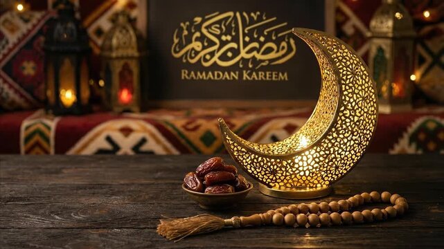 This beautifully composed shot captures a serene and contemplative scene, perfect for themes of cultural celebration, spirituality, and festive traditions. A glowing golden crescent-shaped lantern wit