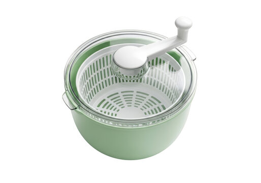 Mint green salad spinner with clear lid and white handle isolated on transparent background