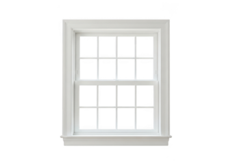 White double hung window with grid pattern and decorative trim isolated on transparent background