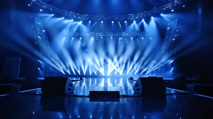 Empty Modern Stage with blue stage lights flashing. Stage with blue neon spotlights and blue laser holograms spins for concert performances or exhibition events, copy space mockup
