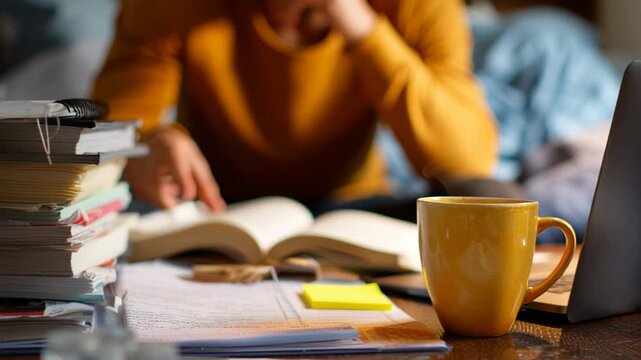 Person turning book pages while studying at cluttered desk
