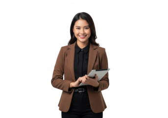 Confident young businesswoman holding a digital tablet isolated on transparent background