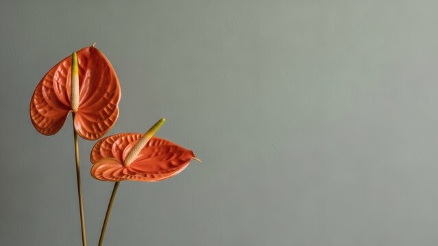 Anthurium Elegance Coral Blooms Against Serene Gray Backdrop.