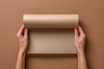 Hands unrolling blank brown paper sheet.