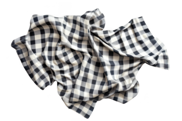 Crumpled black and white checkered fabric cloth textile isolated on transparent background