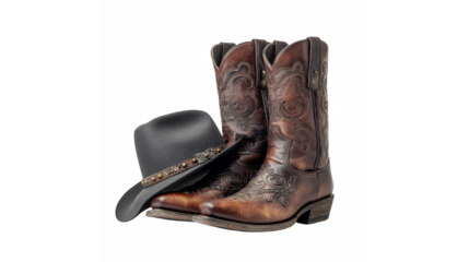 Rustic brown cowboy boots paired with a black cowboy hat for western fashion