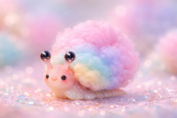 Fototapeta premium Cute Pastel Rainbow Pom Pom Snail Figurine on Glitter Background