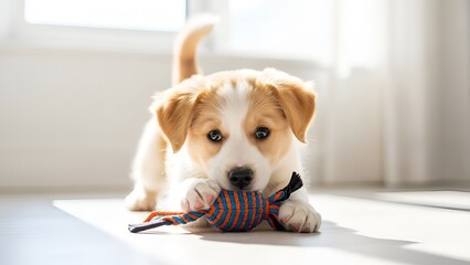 Adorable puppy playing with colorful rope toy indoors