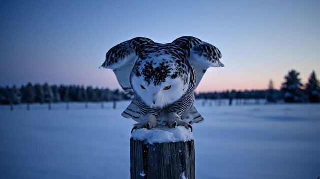 Snowy owl perched on a snowy wooden post, wings spread against a blue, snow-covered landscape at dusk
