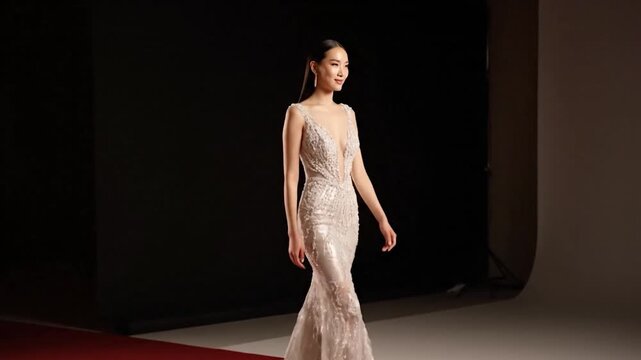 Woman in a sparkling gown walks down a red carpet with a dark background