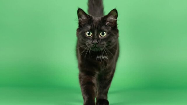 Black cat with green eyes walking towards camera on green background