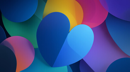 abstract blue heart on colorful overlapping circles background, modern conceptual art representing digital communication and empathy, vibrant geometric wallpaper with blue heart centerpiece
