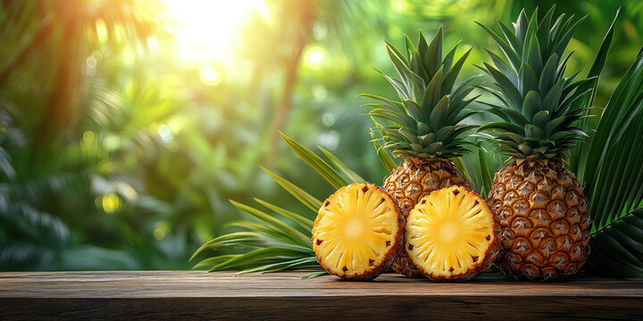 Two fresh pineapples on a wooden table with a tropical background, slices of pineapple fruits against blurred greenery and sun rays, perfect for food advertising, organic product packaging