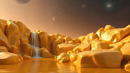 Obraz premium Surreal golden landscape with abstract rocky formations and a waterfall, starry sky