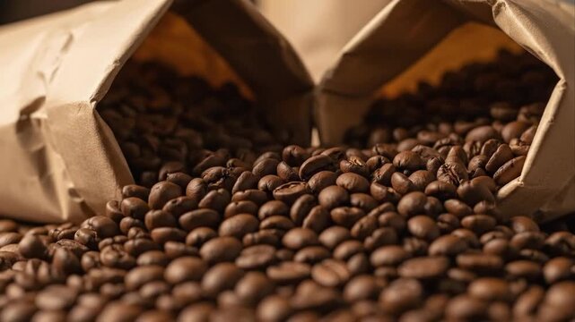 Close up of coffee beans spilling from paper sacks