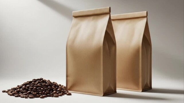 Coffee bags and roasted beans in neutral lighting studio shot