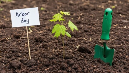 Arbor Day Sapling with shovel, and and sign promote planting trees for Earth.