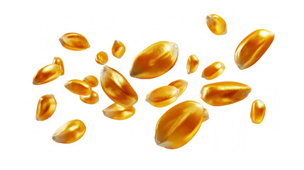A dynamic display of golden corn kernels floating and isolated on a pure black background