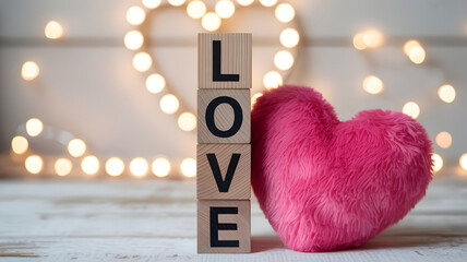 Red wooden alphabet blocks spell the word love, showing a simple business and education concept with colorful toy cubes