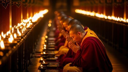 Buddhist monks in saffron robes meditating and praying with hands clasped before rows of flickering oil lamps in a dimly lit temple hallway