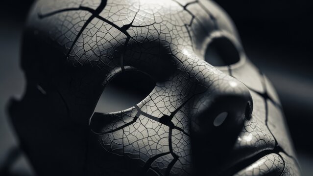 Cracked mask object with abstract texture in dramatic lighting