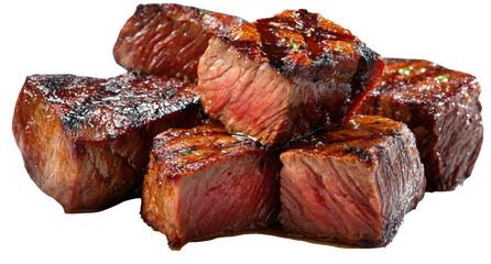 Grilled Beef Cubes Steak Bites with Charred Crust and Juicy Interior Isolated on Transparent Background
