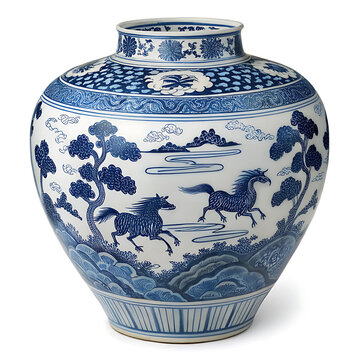 A close-up photograph of an antique Ming dynasty style blue and white porcelain vase, decorated with hand-painted motifs of eight horses frolicking amidst waves and clouds.