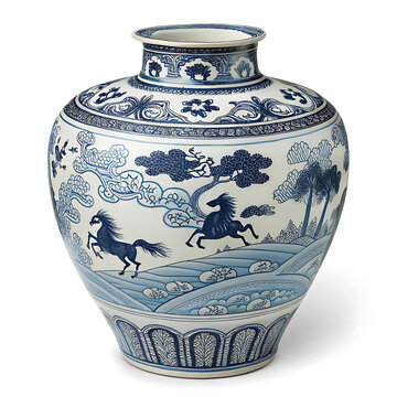 A close-up photograph of an antique Ming dynasty style blue and white porcelain vase, decorated with hand-painted motifs of eight horses frolicking amidst waves and clouds.