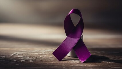 Purple awareness ribbon stands on a wooden surface against a blurred background