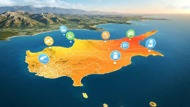 Aerial view of Cyprus island, showcasing various cultural landmarks and highlighting its vibrant landscape with a sunny outlook