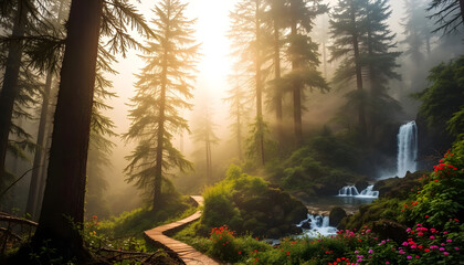 A forest with a path leading to a waterfall