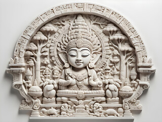 A statue of a woman with a serene expression sits on a lotus flower