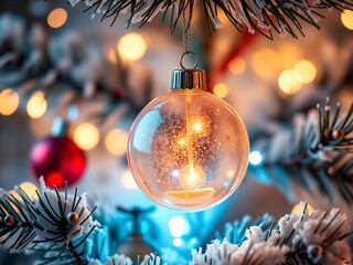 A Christmas tree with a glass ornament hanging from it