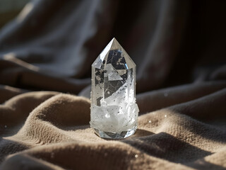 A crystal shaped like a pyramid sits on a brown cloth
