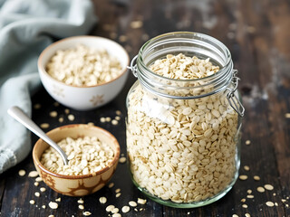A jar of oatmeal is on a table with two bowls of oatmeal