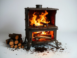 A fire is burning in a stove with wood logs stacked around it